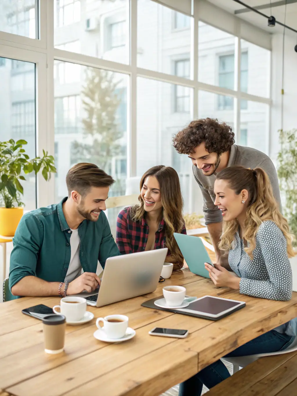 A digital marketing team collaborating on a campaign strategy for Junico's consumer goods affiliate, using data analytics and creative content.