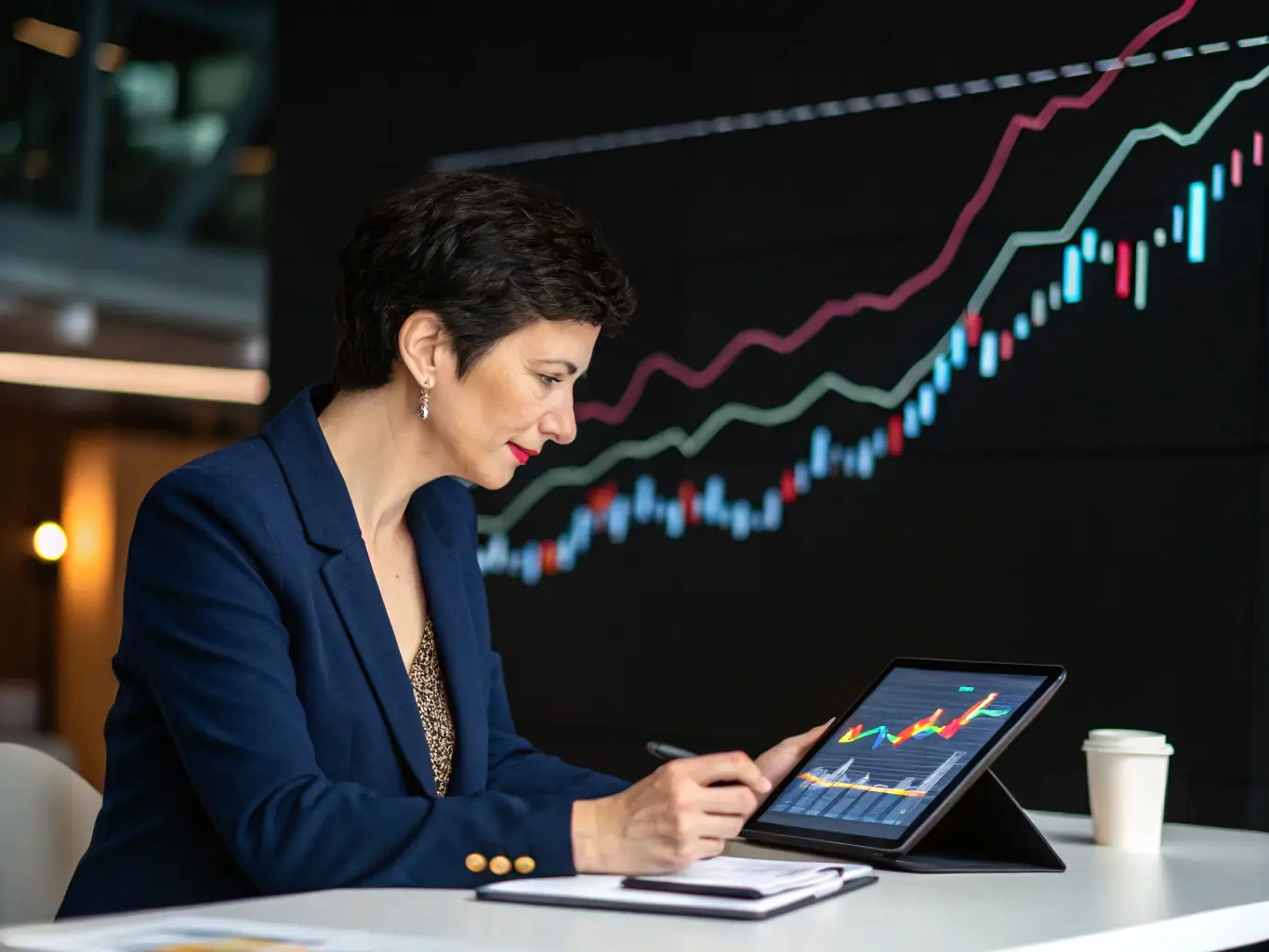 A focused professional is conducting keyword research on a computer, surrounded by charts and data, representing Junico's Keyword Research & Strategy service.